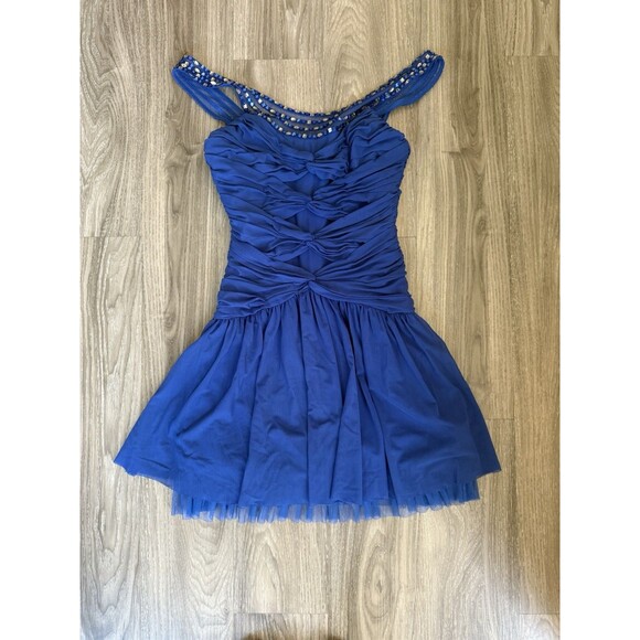 NEW BCBGMAXAZRIA BLUE SAPPHIRE BEADED TULLE DRESS BXZ6L078/M805A SIZE XS - Picture 4 of 8